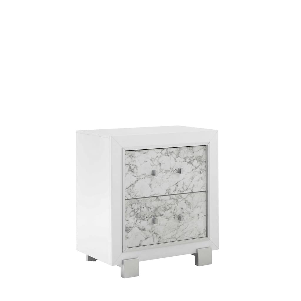 White MDF 2-Drawer Rectangular Nightstand with Metal Legs for Bedroom