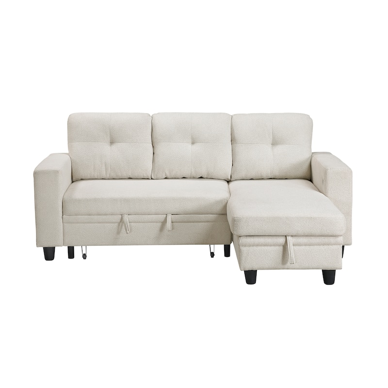 Hazel Boucle Sectional Sofa - Reversible Chaise, Pull-out Bed, Shelves
