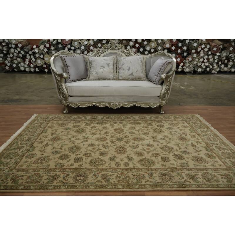 Hand Knotted Oriental 100% Wool Carpet Traditional All-Over Beige & Ivories Agra Area Rug - 8' 10'' X 6' 0''