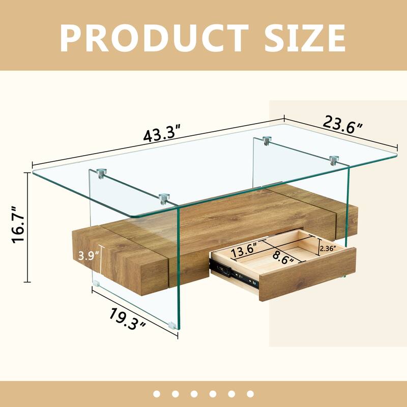 43.3 Inch Double Layer Coffee Table Storage Side Table with Open Storage Shelves, Drawers Glass Center Table End Table