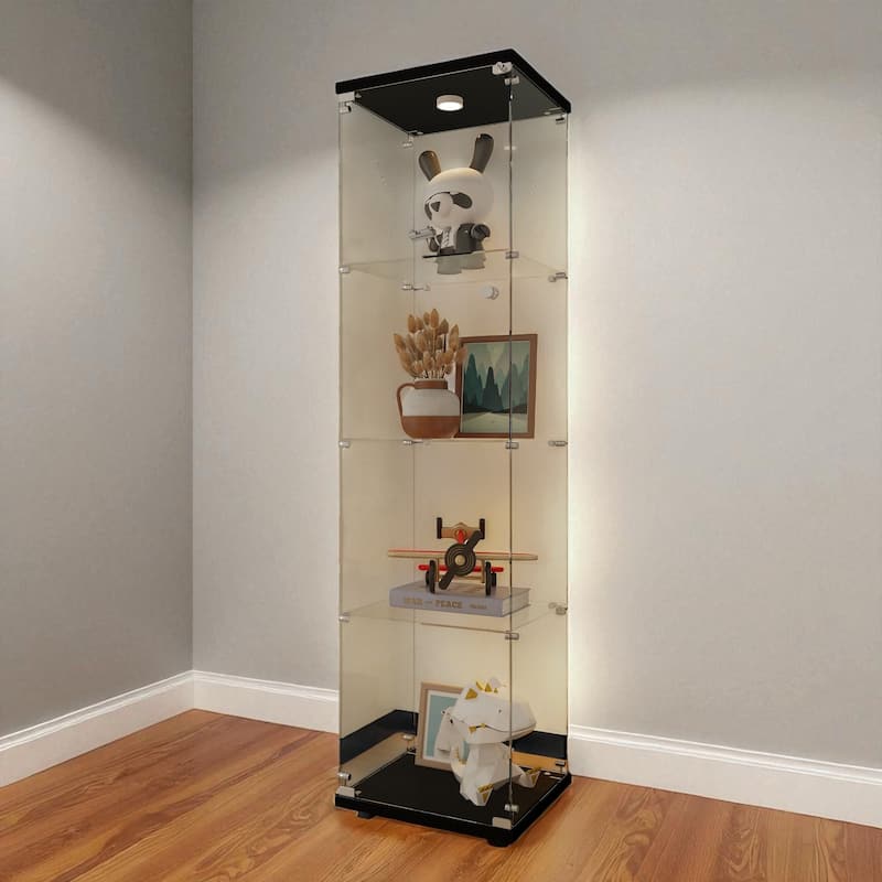 Tempered Glass Display Cabinet with Remote Control LED Lights, Lockable Storage Shelves and Adjustable Feet