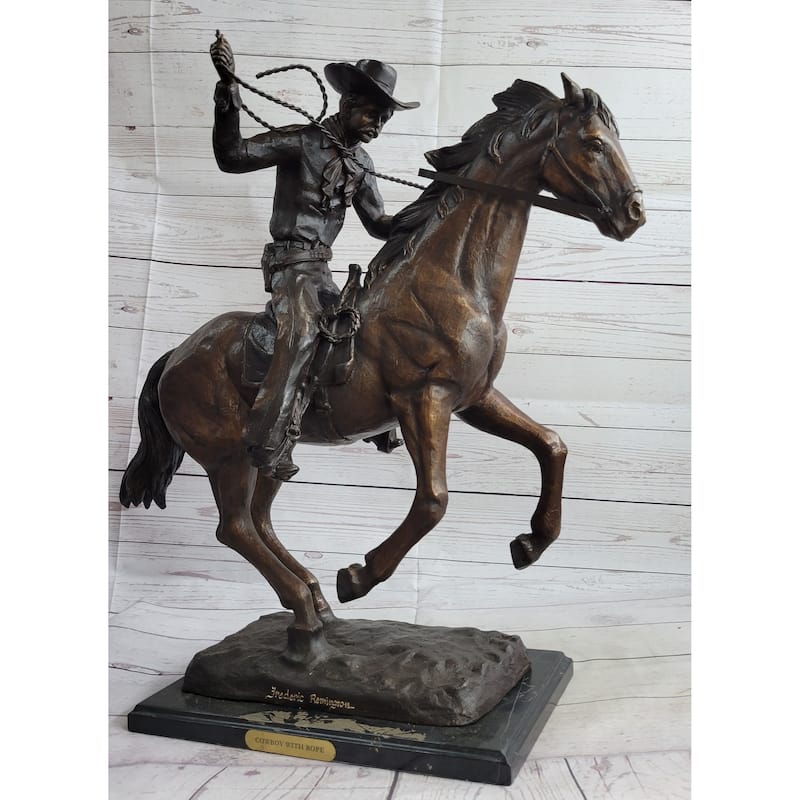 Cowboy With Rope On Horseback Country Western Bronze Sculpture Statue Frederic Remington
