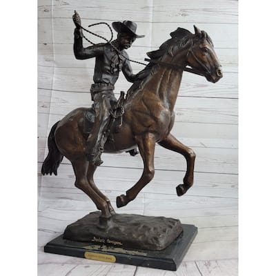 Cowboy With Rope On Horseback Country Western Bronze Sculpture Statue Frederic Remington