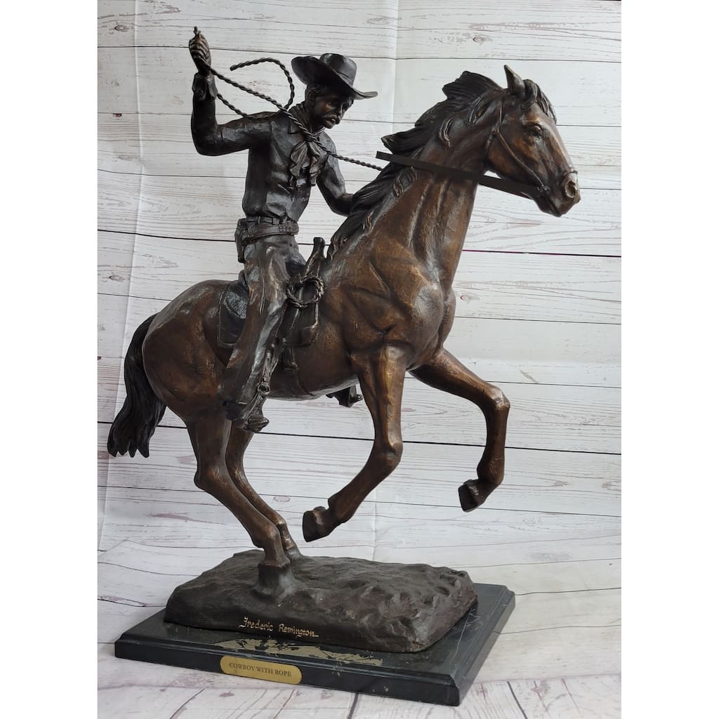 Cowboy With Rope On Horseback Country Western Bronze Sculpture Statue Frederic Remington