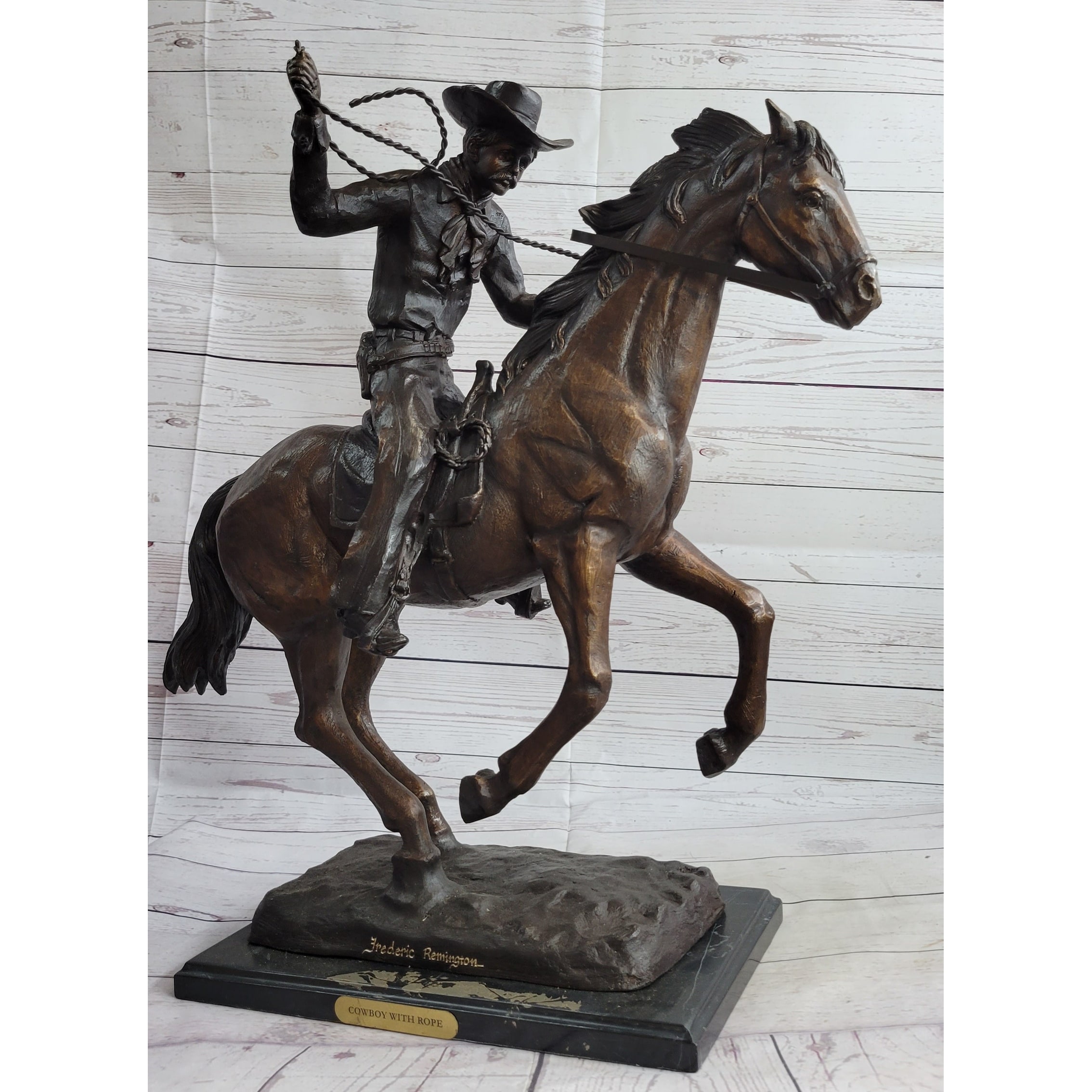 Cowboy With Rope On Horseback Country Western Bronze Sculpture Statue Frederic Remington