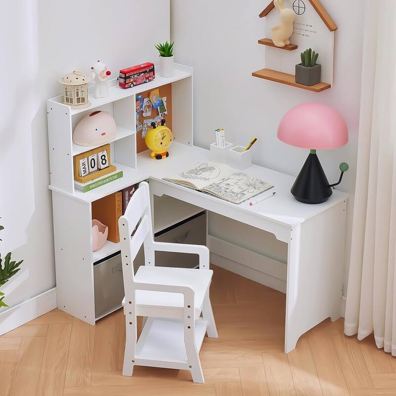 Kids Corner Desk, Desk and Chair Set for Children Features Bulletin Board Open Shelves & Storage Cabinets
