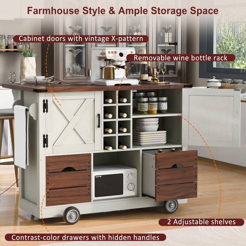 54" Farmhouse Kitchen Island with Drop Leaf, Power Outlet & 4 Wheels