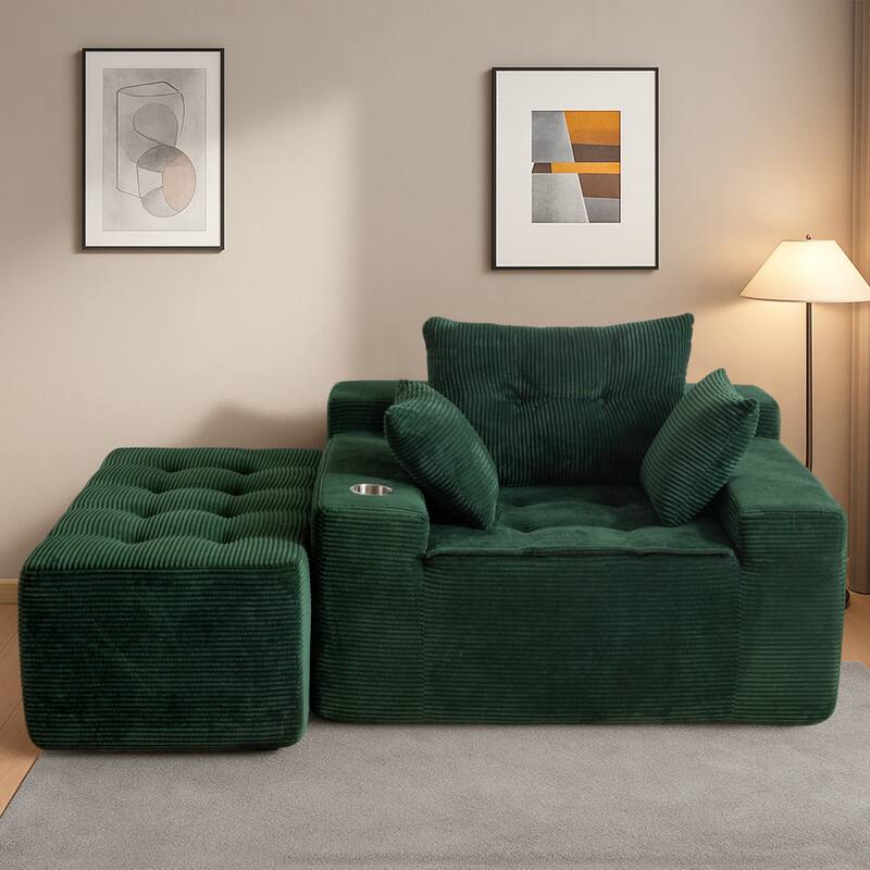 Corduroy Upholstered Memory Foam Sofa With Ottoman Upholstered Bean Bag Couch - 48.4"Lx67.7"Wx24.4"H