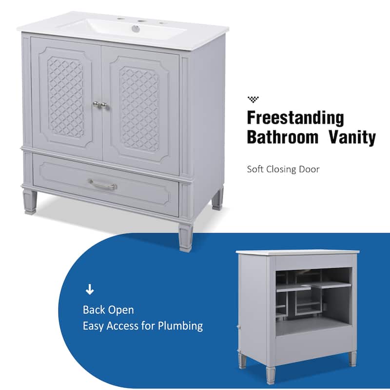 30 Inch Freestanding Bathroom Vanity with Ceramic Sink, Vintage Design, Drawer Storage, Soft Close Doors