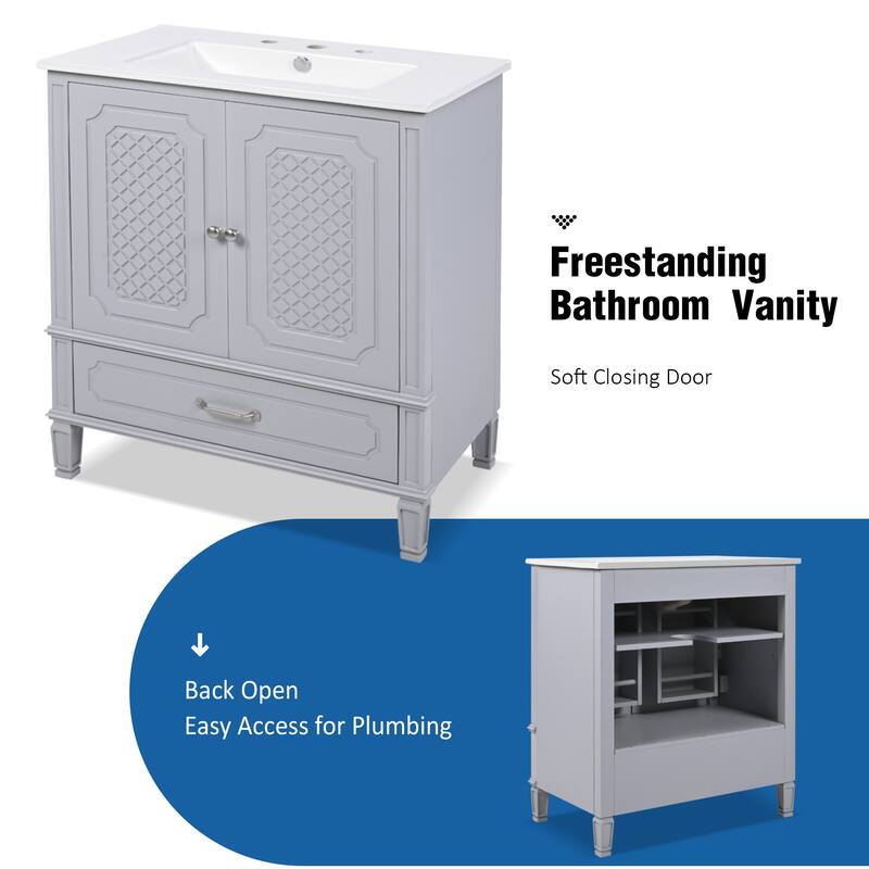 Bathroom Vanity with Ceramic Sink, Bathroom Cabinet with Door Shelf and Soft-Closing Doors, Vanity Set with Adjustable Shelf