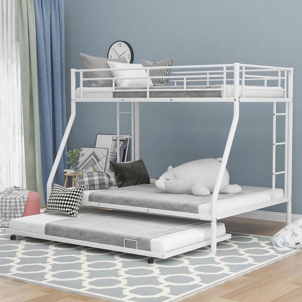 slide 2 of 8, Twin over Full Metal Bunk Bed with Trundle & Ladders, White White