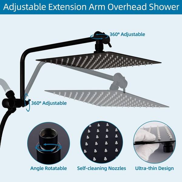 PDPBath 12-Inch All Metal Rain Shower Head With 16-Inch Adjustable Extension Arm – Brushed Nickel, High Pressure, Self-Cleaning Nozzles, Easy Install For Spa-Like Showers