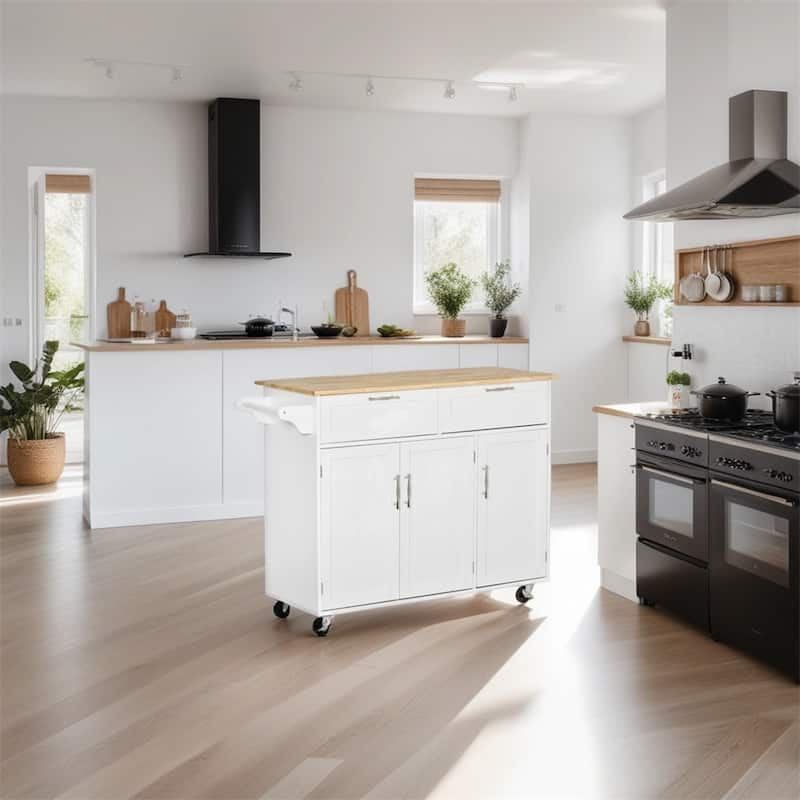 Mobile Wood Kitchen Island with Storage and Adjustable Shelves - N/A - White