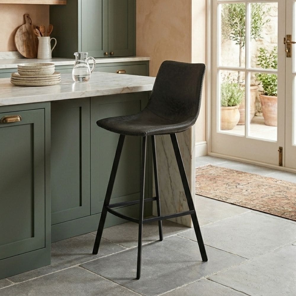 Elland Modern Minimalist Leather Upholstered Bar Stool with Accent Black Metal Base and Back Support for Home Bar or Kitchen