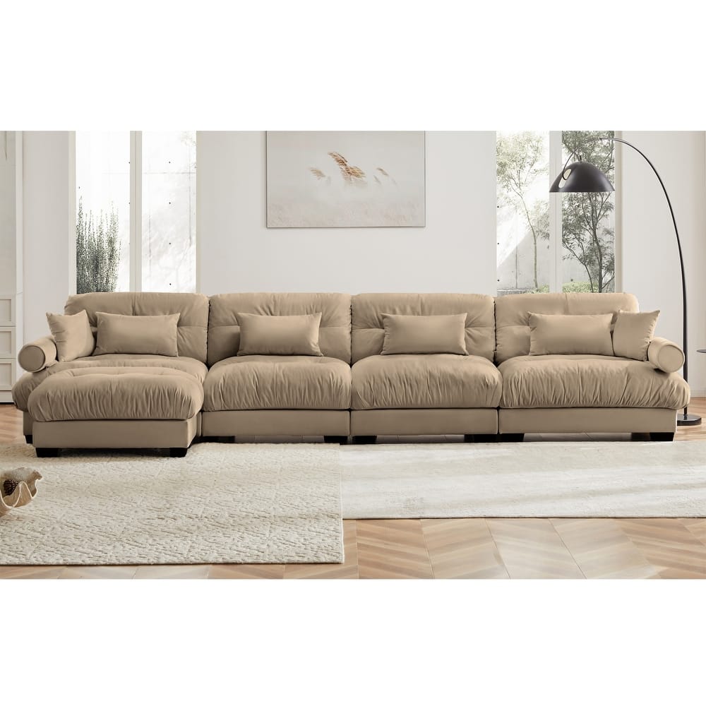 L-shaped Convertible Velvet Sectional Cloud Sofa with Ottoman & Pillows