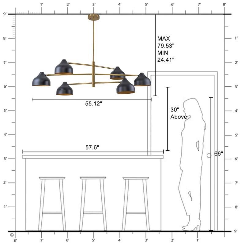 6-Light Mid-Century Matte Black & Gold Linear Chandelier Iron Shades - W 55.12-in