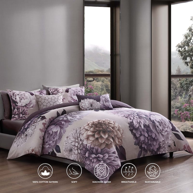 Bebejan Plum Petal 100% Cotton Sateen 5 Piece Reversible Comforter Set