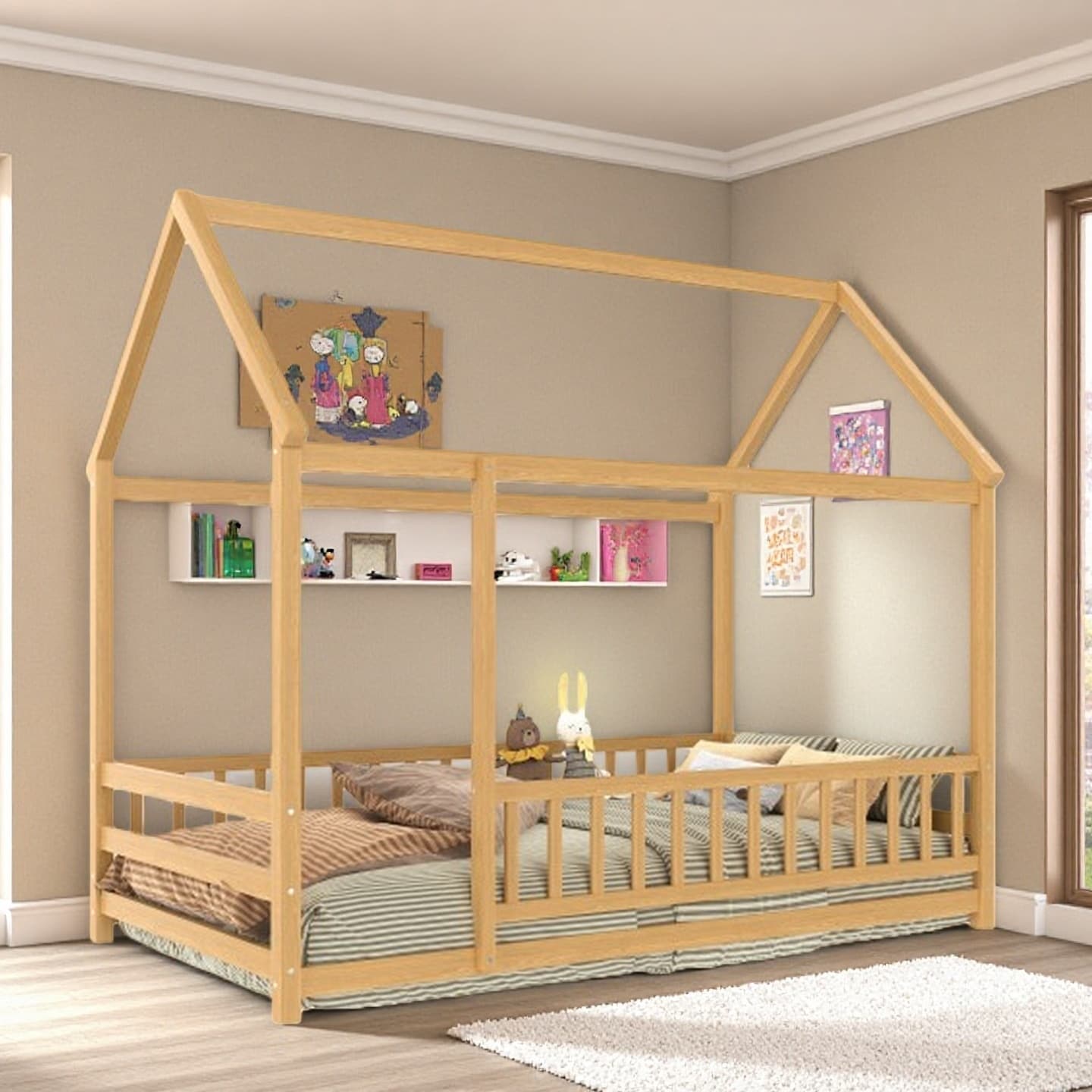 Twin House-Style Floor Bed Frame with Roof Canopy, Solid Wood Kids Bed with Safety Guardrails and Open Entry