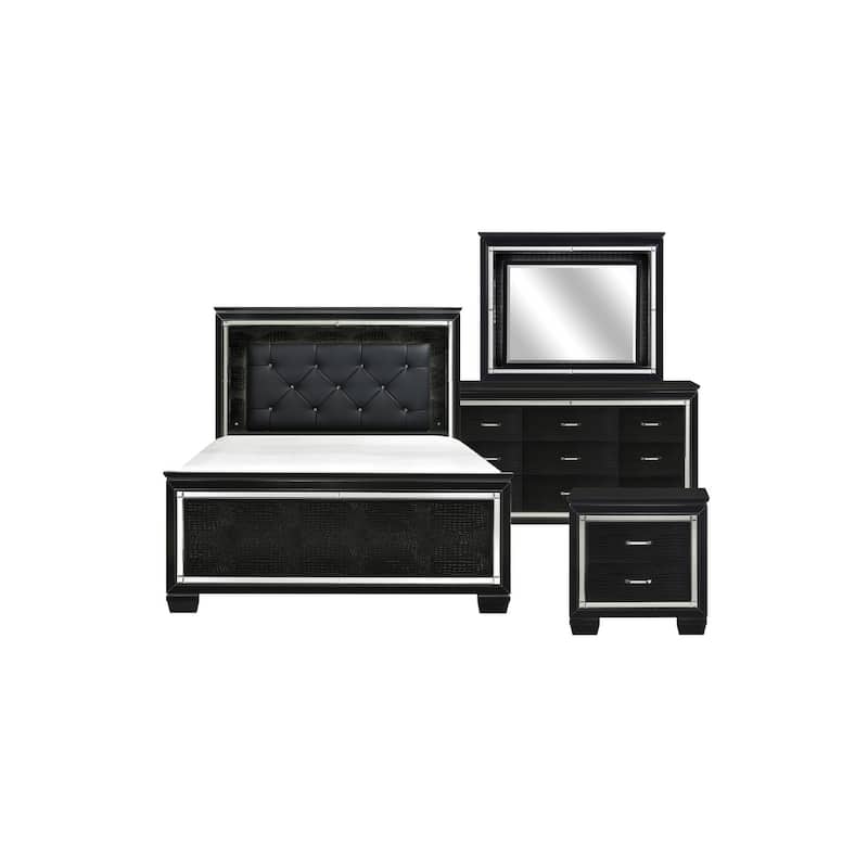 Audi 5 Piece Black Modern Faux Leather Upholstered Tufted LED Panel Bedroom Set