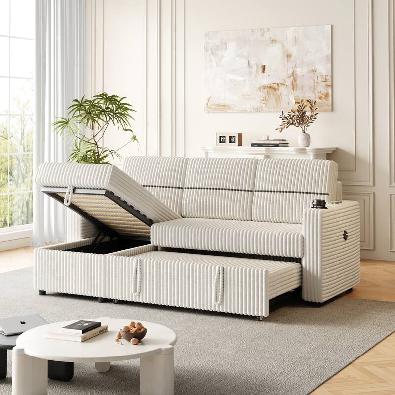 3-Seater Sleeper Sofa Bed with Corduroy Fabric, Storage Chaise, USB Charger, and Cup Holders