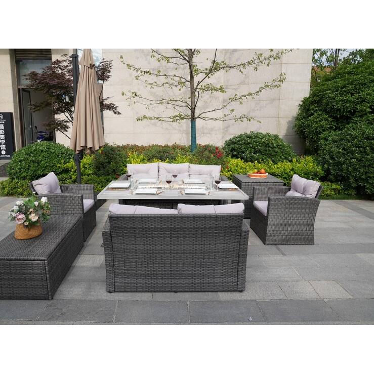 7-Piece Patio Wicker Sofa Set With Aluminum Dining Table and Storage End Table