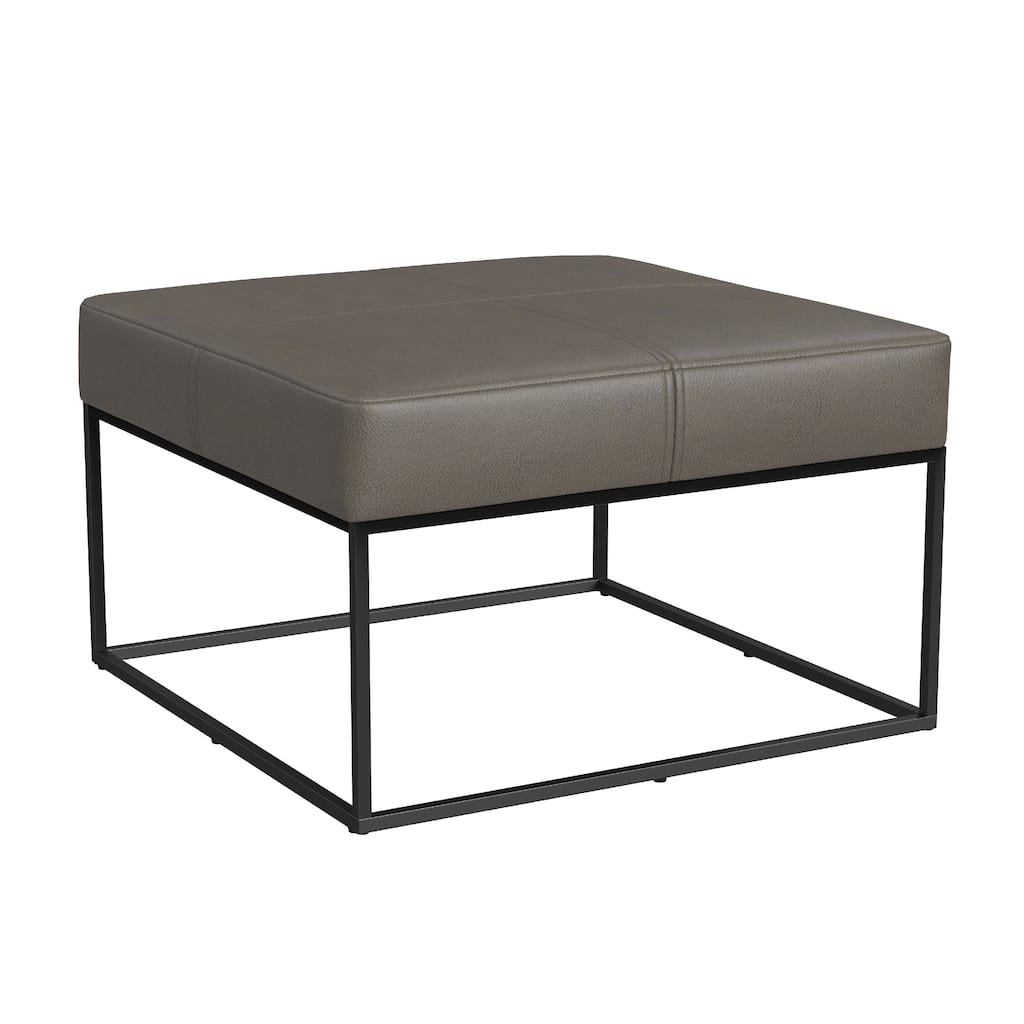 Kai Ottoman, Pewter Gray Faux Leather and Black Metal, 28 Inch Square