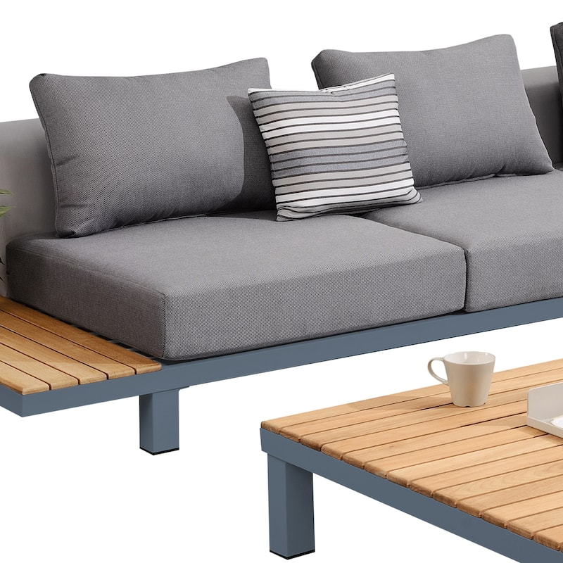 Polo Mid Century Modern Aluminum and Teak 4 Piece Outdoor Patio Sectional Set