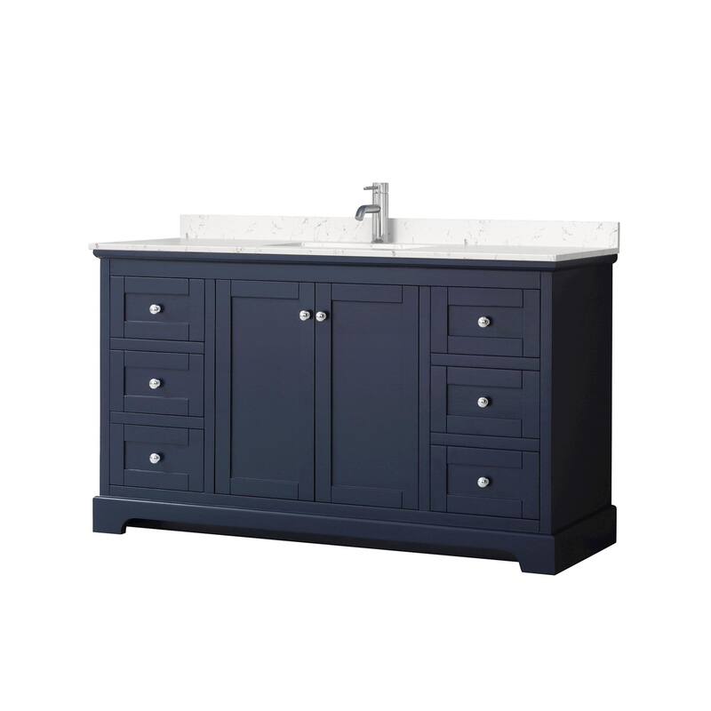 Wyndham Collection Avery 60" Free Standing Single Basin Vanity Set - Dark Blue / Carrara Cultured Marble Top / Polished