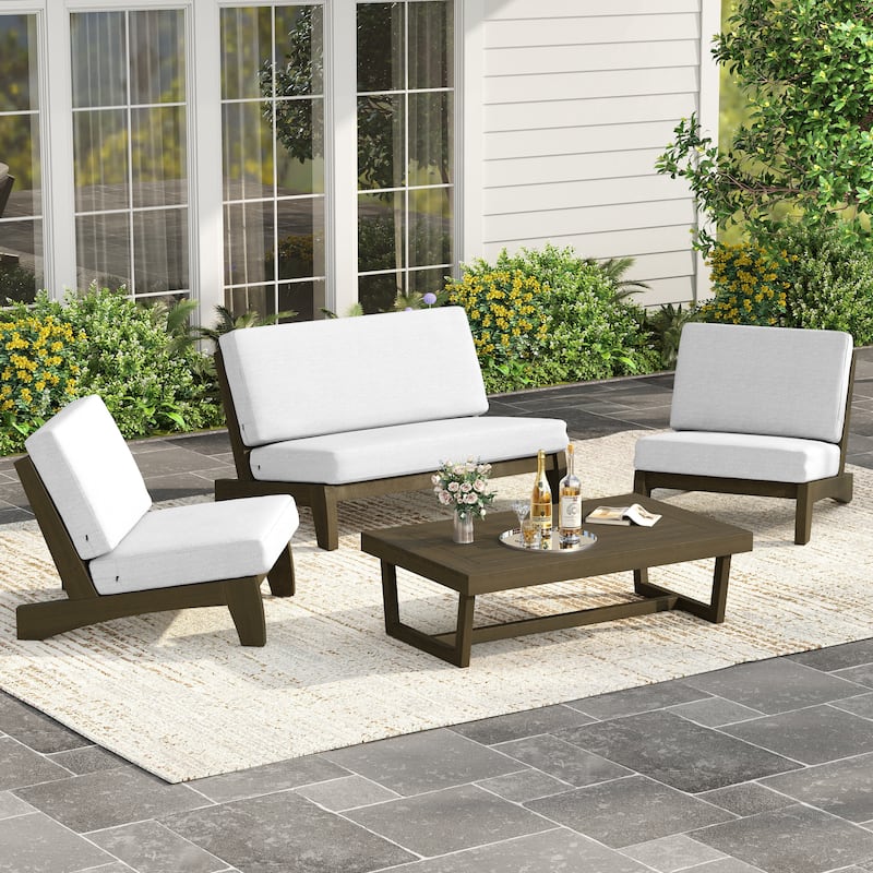 4 Piece Outdoor Wood Loveseat Chair Conversation Set with Cushion - Brown Wood - Beige