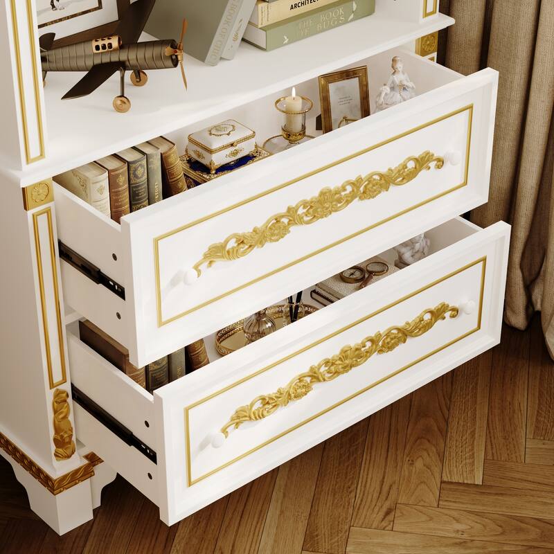 Display Cabinet with Drawers Tall Wine Bar Bookcase with LED Light Glass Shelves, Carved Solid Wood Front, 76.6"