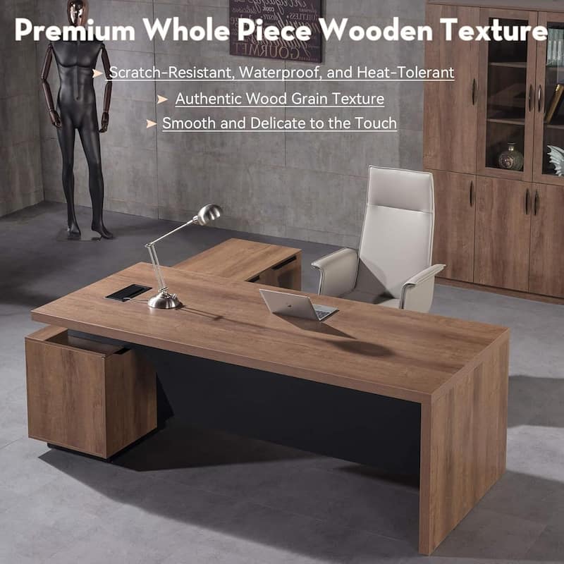 WESOME Retractable L-Shaped Executive Desk with Cable Management Drawers and Lateral File Cabinet