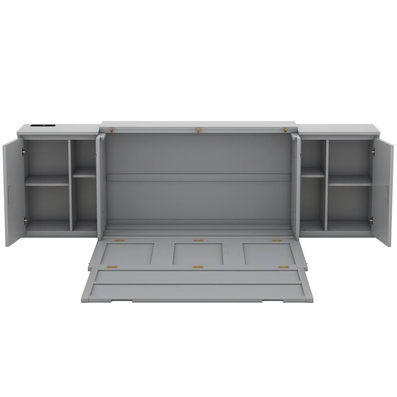 Murphy Bed with Built-in Charging Station, Shelves & Storage Cabinets, Platform Bed Frame Space-Saving Folding Wall Cabinets Bed