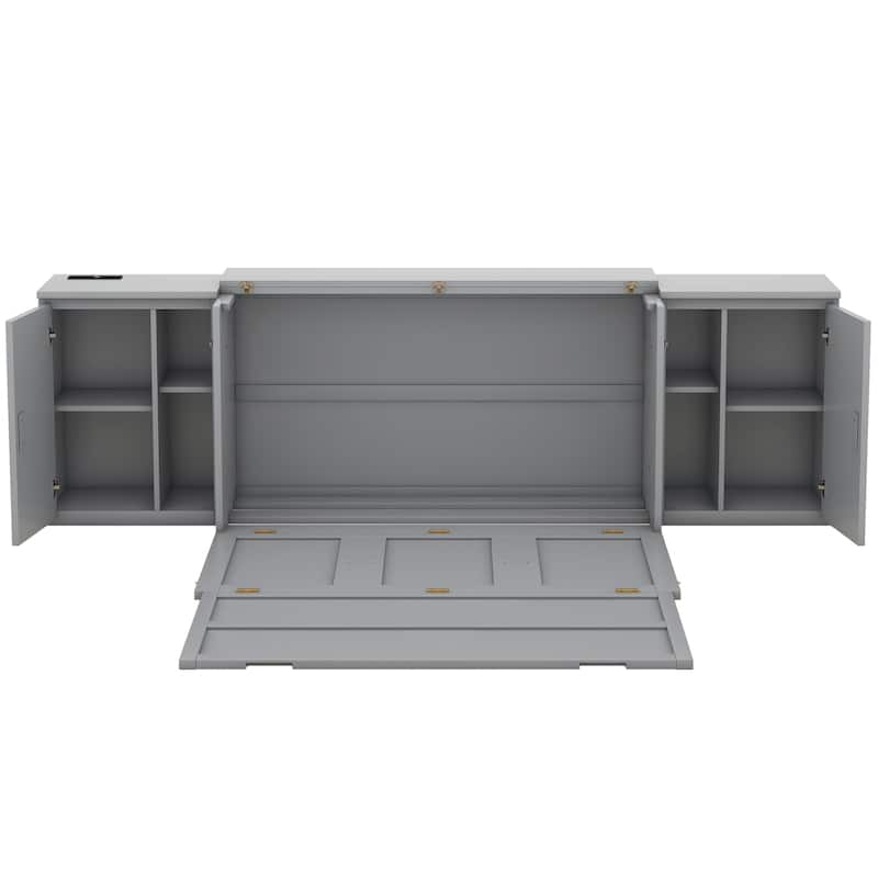 Queen Size Murphy Bed with Shelves, Cabinets and USB Ports,Gray - N/A