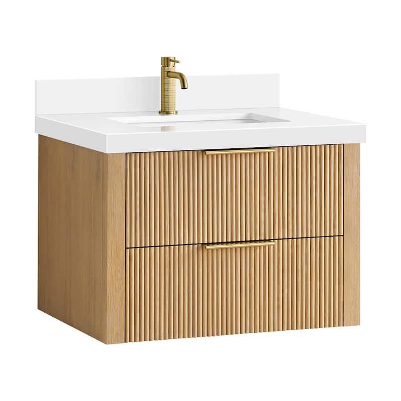 Barcelona Floating Bath Vanity with Quartz Stone Top without Mirror - 30" - Washed Ash Grey