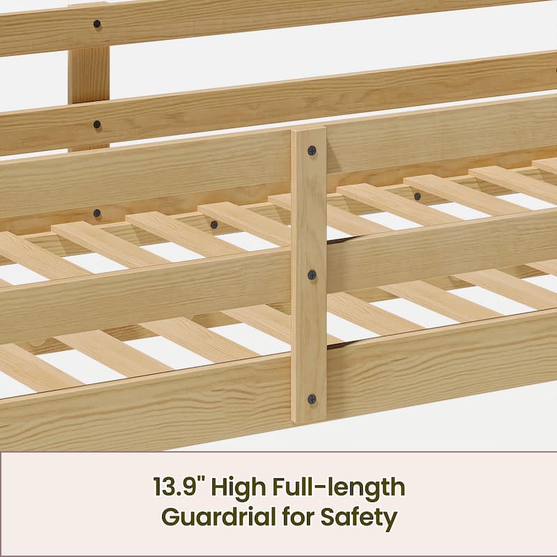 Convertible Twin Low Loft Bed with LED Lighting, Solid Wood Frame, Oak Finish