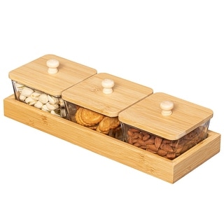 Basicwise Glass Jars with Bamboo Lids and Wooden Tray – Rectangular Charcuterie, Snack Organizer and Fruit Platter for Party