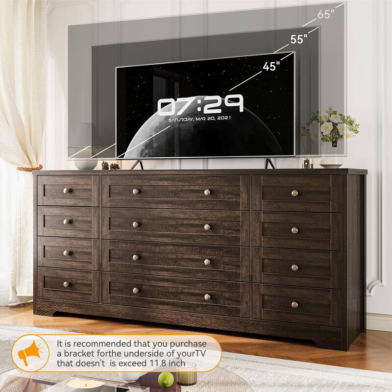 12 Drawer Dresser for Bedroom, Modern Wood Chest with Wide Top for 65" TV, Farmhouse Storage Cabinet