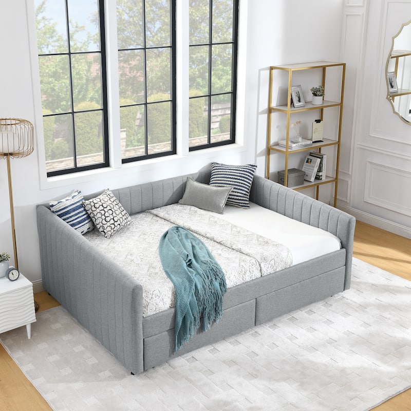 Queen Size Daybed with 2 Drawers Trundle Upholstered Sofa Bed with Vertical Stripes Linen Fabric, Grey