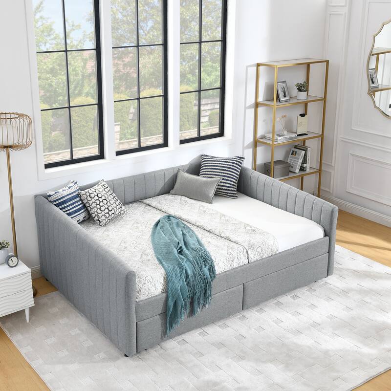 Queen Size Linen Upholstered Daybed with 2 Storage Drawers and Trundle