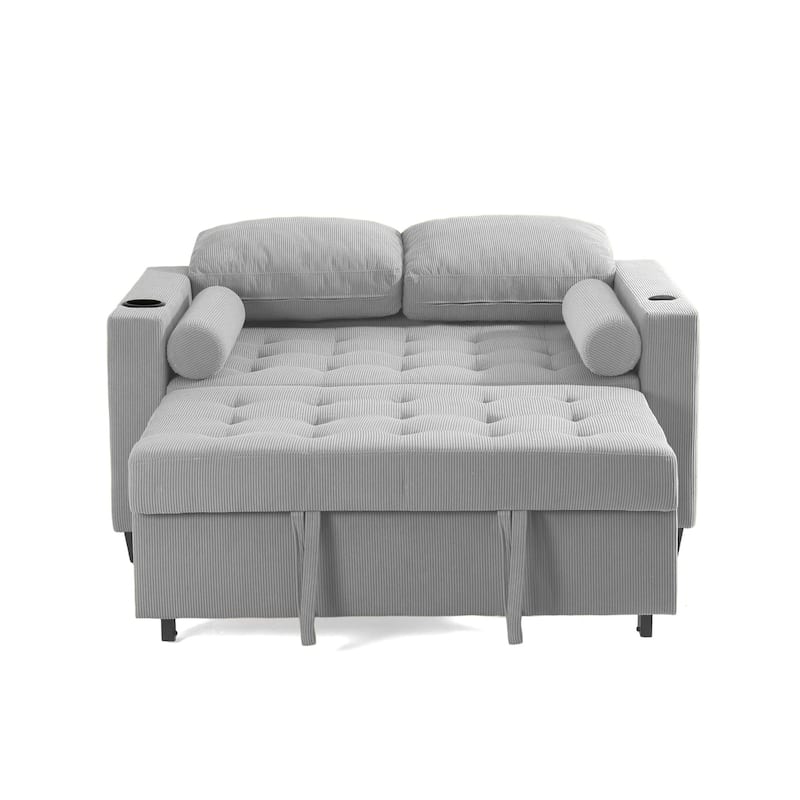 2 Set Corduroy Convertible Sleeper Sofa Bed Loveseats with Cup Holder, USB Ports & Storage