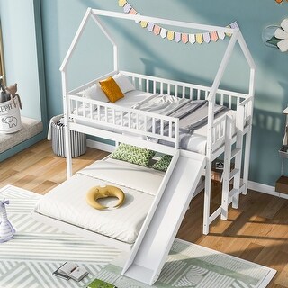 Twin over Full House Bunk Bed with Slide and Ladder, White