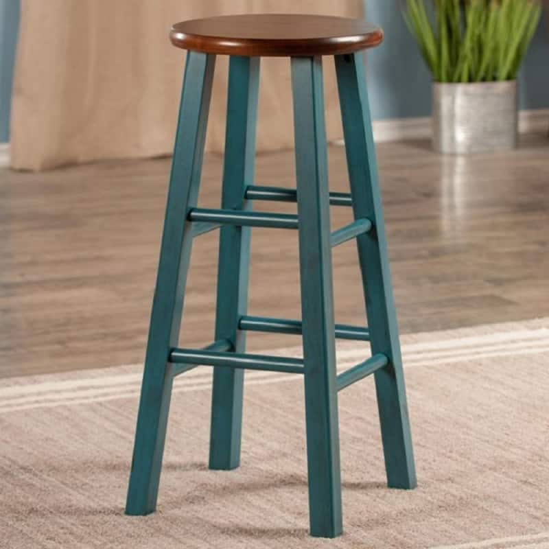 29" teal blue round counter barstool with walnut seat