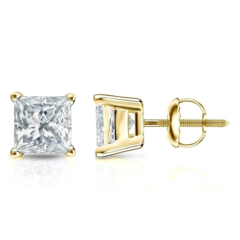 Auriya 14k Gold Lab Grown Princess Diamond Stud Earrings 0.50 to 5.00 ct. tw. 4-Prong Basket Screw-Back (F-G VS) - Yellow - 3.00 ct. tw.