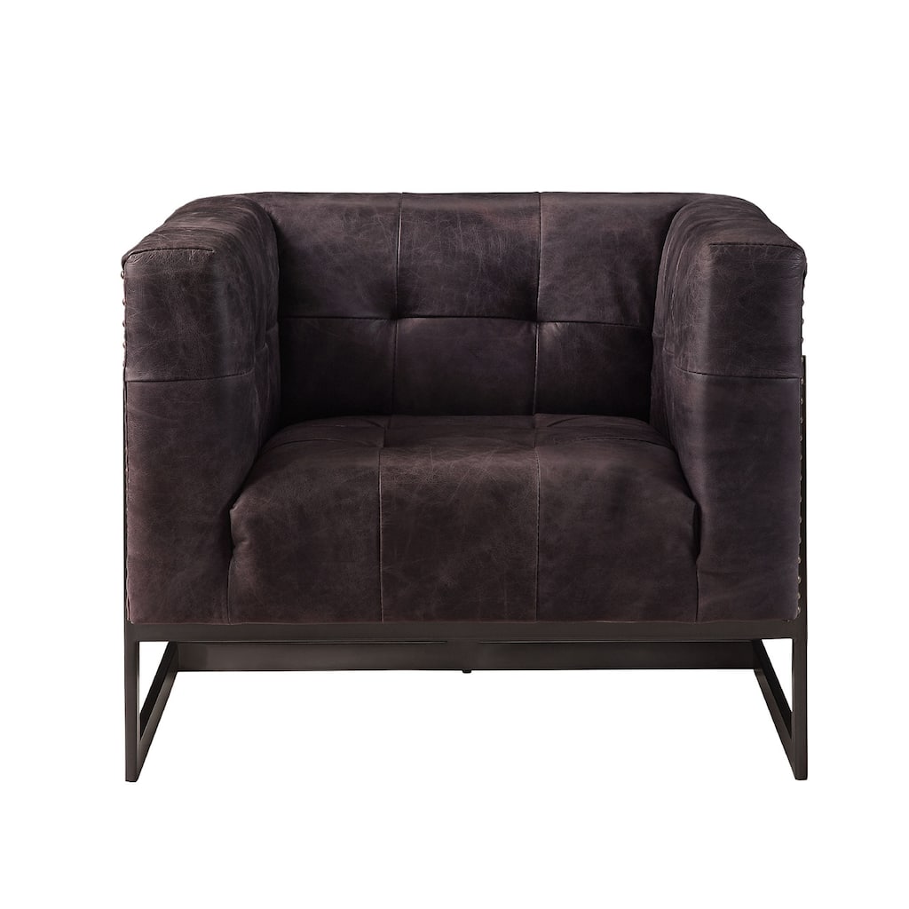 Top Grain Leather Accent Chair with Tight Back in Antique Ebony and Rustic Oak