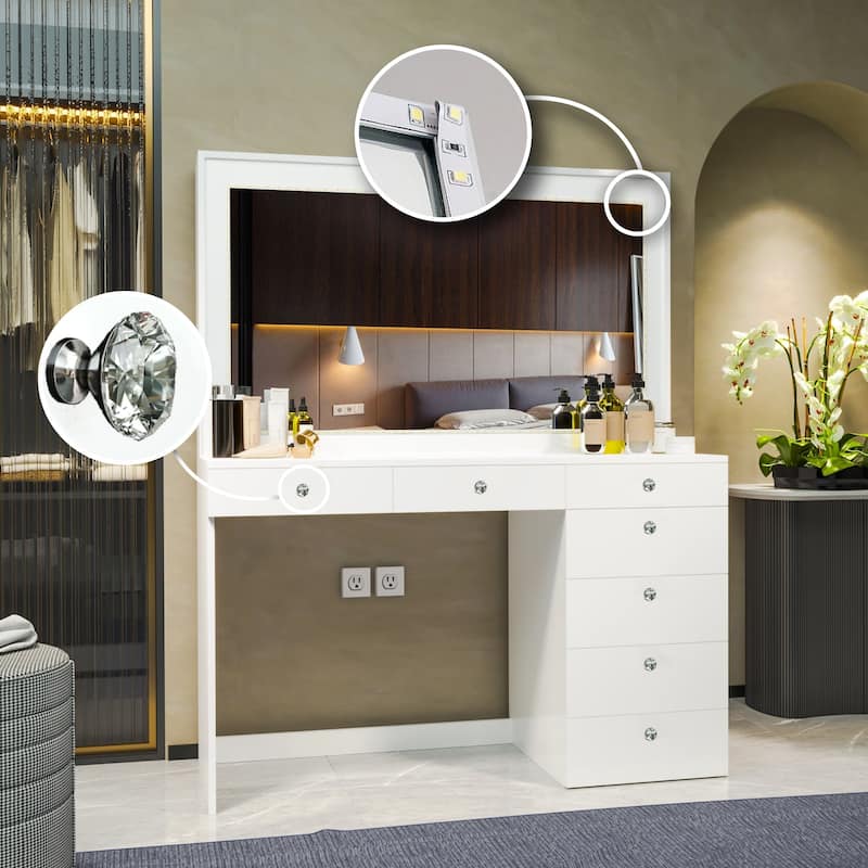 Boahaus Vanity Desk, Crystal Knobs, LED Lights, 7 Drawers