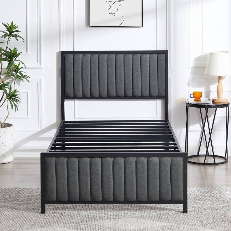 VECELO Twin Size Bed Frame Faux Leather Upholstered Platform Bed Twin Size Bed Set of 2