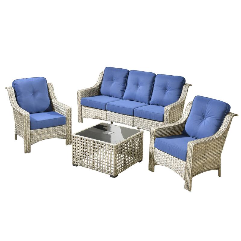 HOOOOWOOO 5-piece Wicker Rattan Patio Outdoor Furniture Ergonomic Conversation Set with Coffee Table