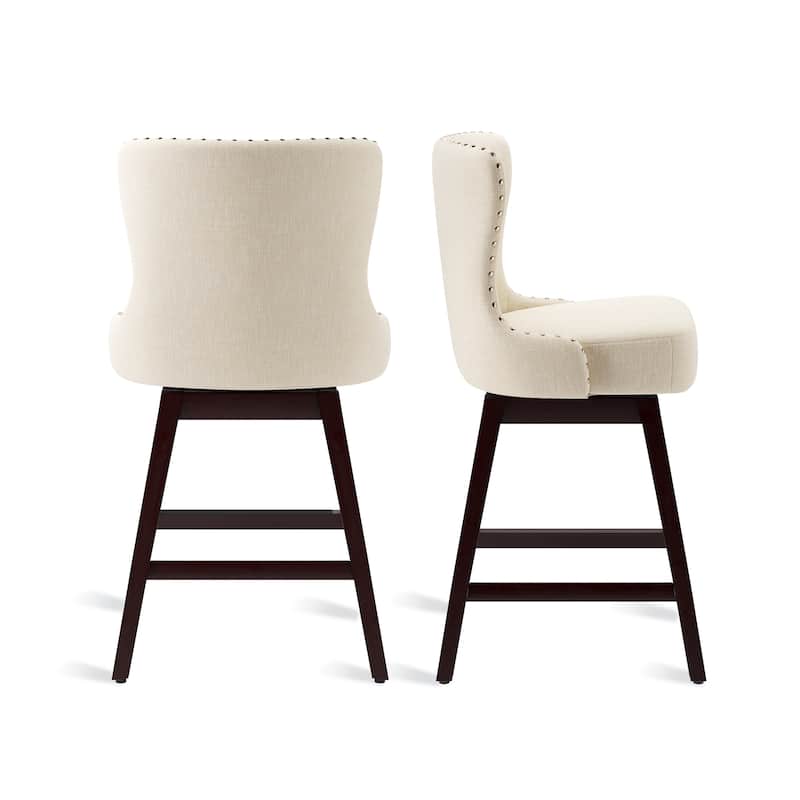 26 in. Mid-Century Modern Faux Leather ans Linen Upholstered Swivel Bar Stools with Wood Frame(Set of 2) - 20"W x 20"D x 39"H