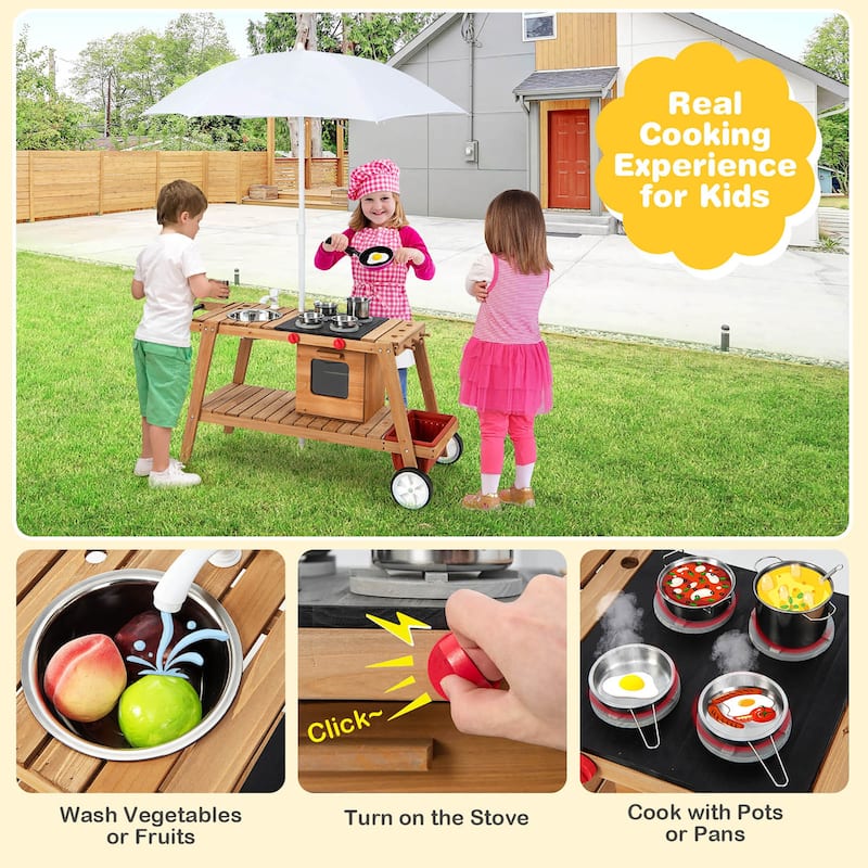 Costway Kid's Play Trolley Outdoor Wooden Kids Play Cart with Sun - See Details