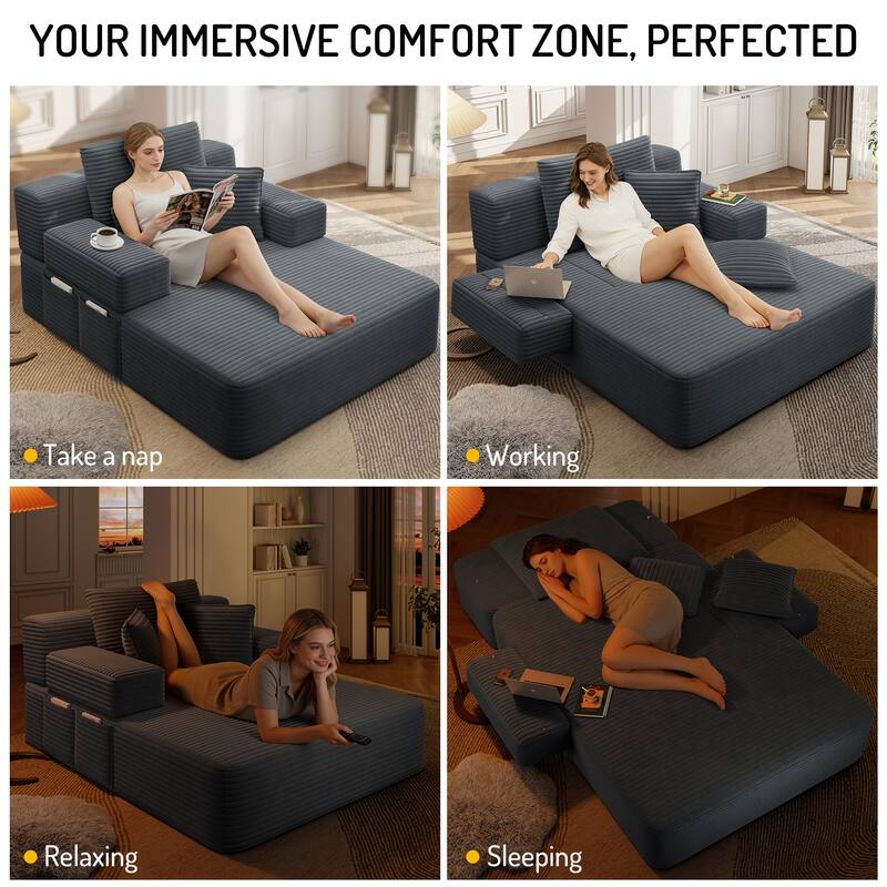 Luxurious Plush Corduroy Chaise Lounge Convertible Sofa Bed with Storage Pocket and Wide Armrests
